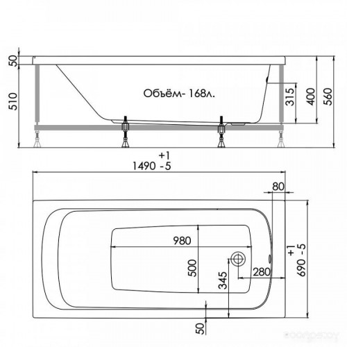 Ванна 1AcReal Gamma 150x70 (с каркасом)