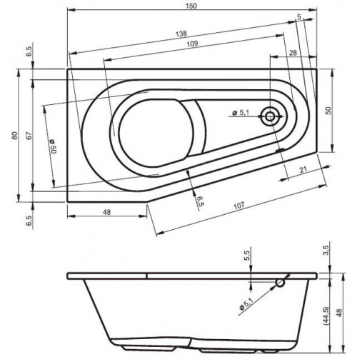 Ванна акриловая Riho Delta 150x80, асимметричная