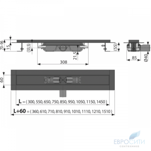 Трап напольный AlcaDrain APZ101 Black 300-950 мм (с решеткой Pure Black)