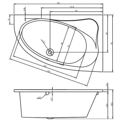Ванна акриловая Riho Lyra 140x90, асимметричная