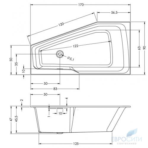 Ванна акриловая Riho Rethink Space 170x90, асимметричная