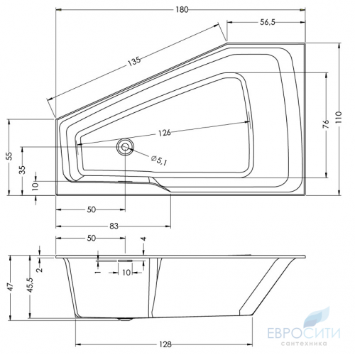 Ванна акриловая Riho Rethink Space 180x110, асимметричная