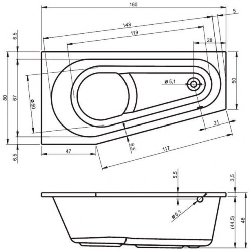 Ванна акриловая Riho Delta 160x80, асимметричная