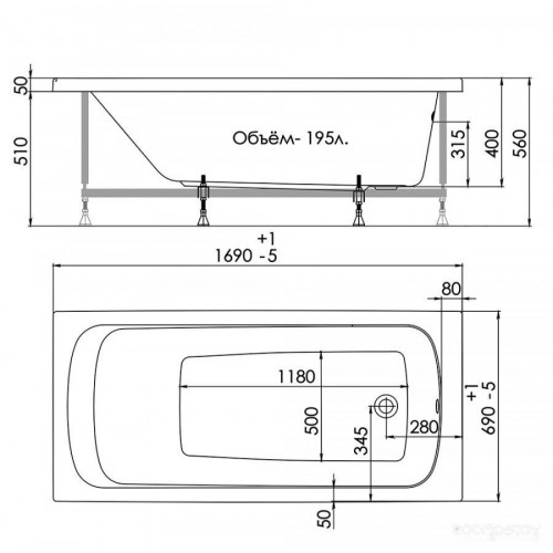 Ванна 1AcReal Gamma 170x70 (с каркасом и экраном)