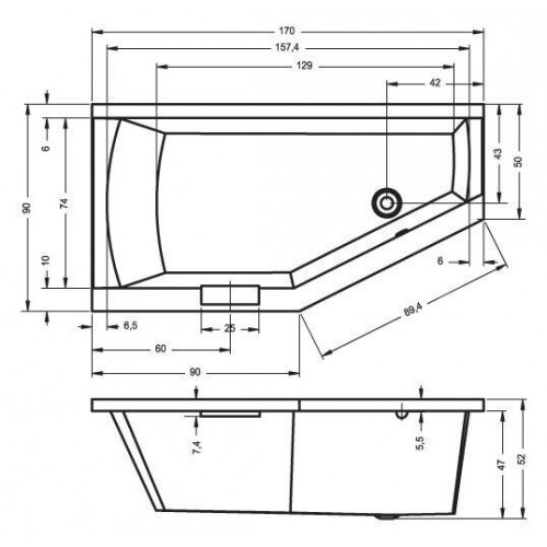 Ванна акриловая Riho Geta 170x90, асимметричная