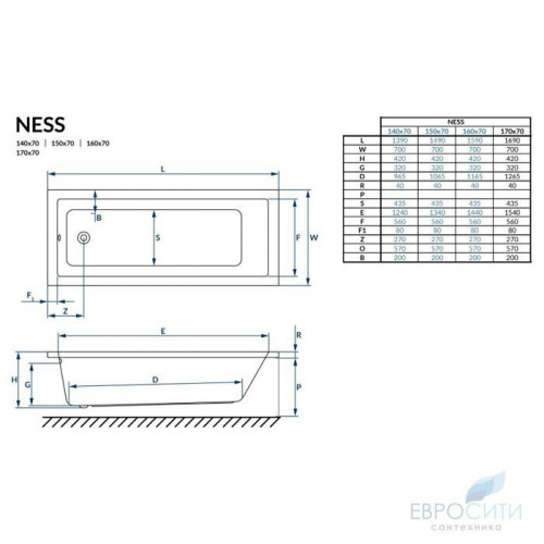 Ванна акриловая Excellent Ness Mono 170x70