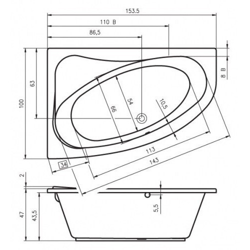 Ванна акриловая Riho Lyra 153x100, асимметричная