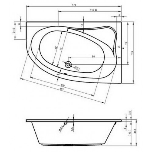 Ванна акриловая Riho Lyra 170x110, асимметричная