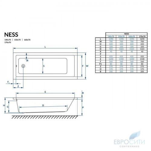 Ванна акриловая Excellent Ness Mono 150x70