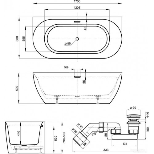 Ванна Wellsee Belle Spa 3.0 170x80 235901004 (пристенная ванна белый глянец, экран, ножки, сифон-автомат золото)