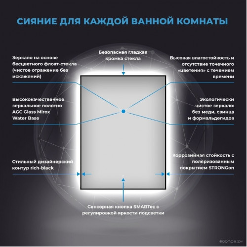 Зеркало Wellsee Зеркало с фоновой LED-подсветкой 7 Rays' Spectrum 172200880, 50 х 75 см (с сенсором и регулировкой яркости освещения)