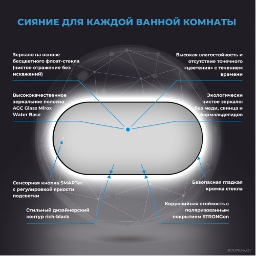 Зеркало Wellsee Зеркало с фоновой LED-подсветкой 7 Rays' Spectrum 172201940, 110 x 55 см (с сенсором и регулировкой яркости освещения)