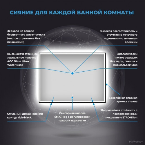 Зеркало Wellsee Зеркало с фронтальной LED-подсветкой 7 Rays' Spectrum 172201410, 120 х 80 см (с сенсором и регулировкой яркости освещения)