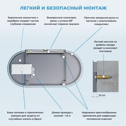 Зеркало Wellsee Зеркало с фронтальной LED-подсветкой 7 Rays' Spectrum 172202020, 100 x 55 см (с сенсором и регулировкой яркости освещения)