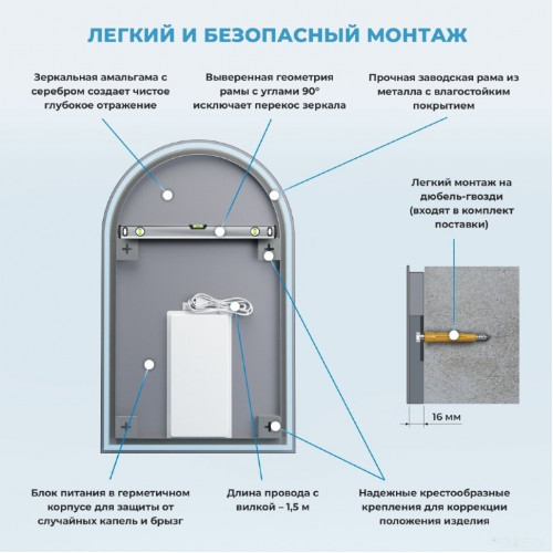 Зеркало Wellsee Зеркало с фоновой LED-подсветкой 7 Rays' Spectrum 172201690, 40 х 70 см (с сенсором и регулировкой яркости освещения)