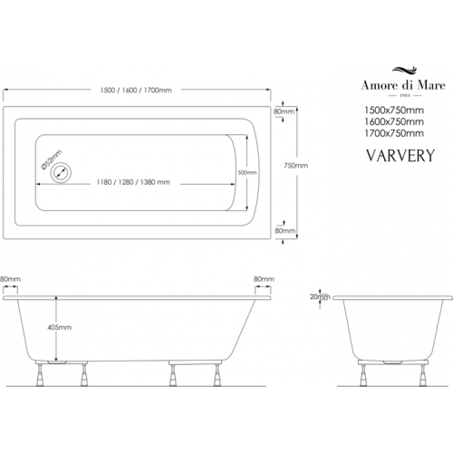 Ванна Amore di Mare Varvery 170x75 (с ножками)