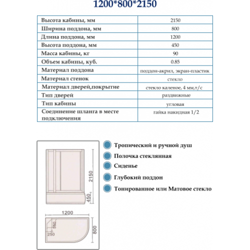 Душевая кабина Oda ODA-8406R 120x80 тонированное стекло / черные стенки (правая)