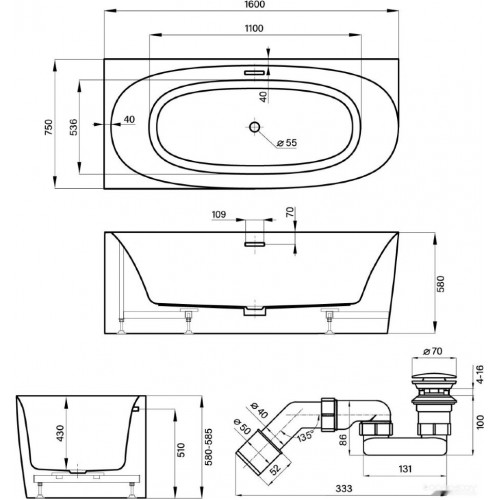 Ванна Wellsee Belle Spa 2.0 160x75 235802002 (пристенная ванна (левая) белый глянец, экран, каркас, сифон-автомат глянцевый белый)