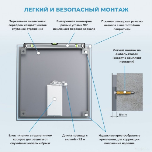 Зеркало Wellsee Зеркало с фоновой LED-подсветкой 7 Rays' Spectrum 172200390, 80 х 80 см (с сенсором и регулировкой яркости освещения)