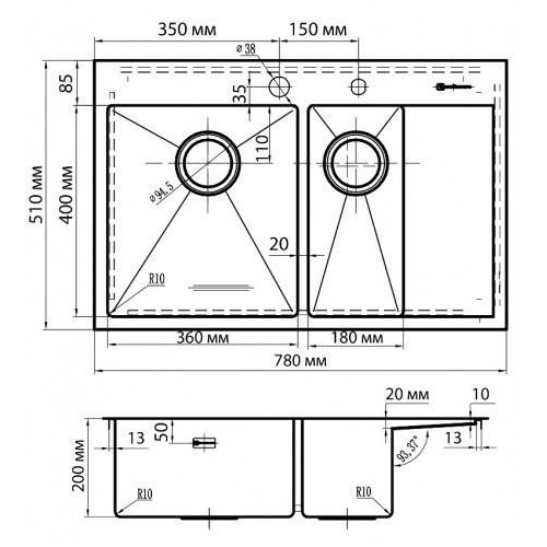 Кухонная мойка Omoikiri Akisame 78-2-IN-L 78x51 нержавеющая сталь