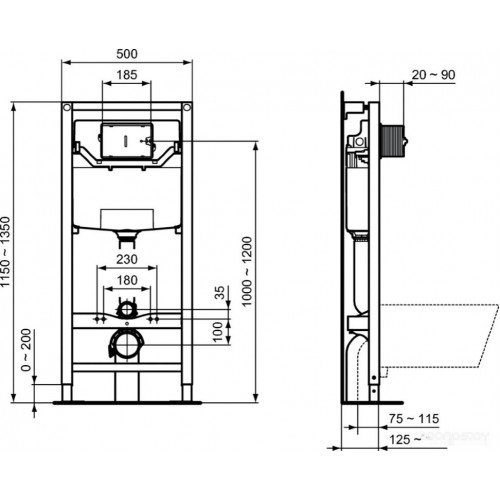 Система инсталляции Ideal Standard Tesi Aquablade + кнопка Olias M2 (хром) S0079R0121AA