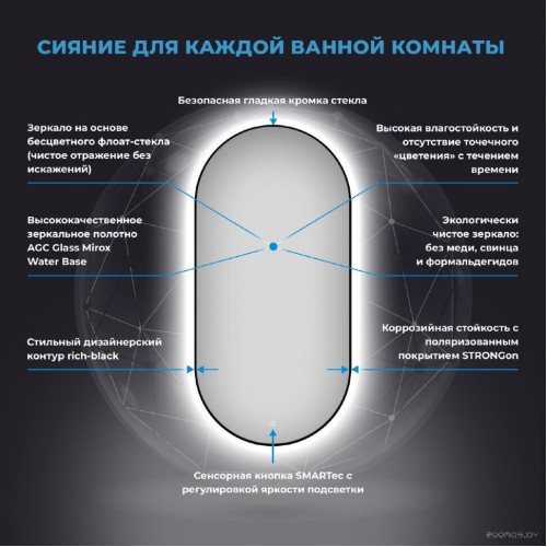 Зеркало Wellsee Зеркало с фоновой LED-подсветкой 7 Rays' Spectrum 172201910, 55 x 100 см (с сенсором и регулировкой яркости освещения)