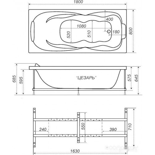 Ванна Triton Цезарь 180x80 (с каркасом, сифоном, экраном и торцевым экраном)