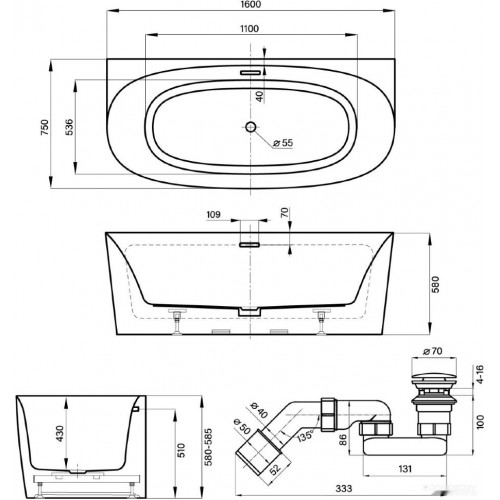 Ванна Wellsee Belle Spa 2.0 160x75 235801003 (пристенная ванна белый глянец, экран, ножки, сифон-автомат матовый черный)