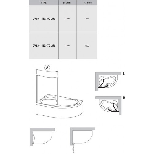 Шторка Ravak CVSK1 для ванн ROSA 140/150 L блестящая + транспарент
