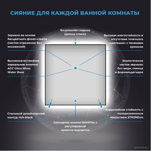 Зеркало Wellsee Зеркало с фронтальной LED-подсветкой 7 Rays' Spectrum 172200440, 75 х 75 см (с сенсором и регулировкой яркости освещения)