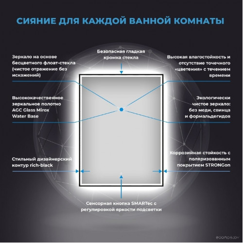 Зеркало Wellsee Зеркало с фронтальной LED-подсветкой 7 Rays' Spectrum 172201200, 50 х 75 см (с сенсором и регулировкой яркости освещения)