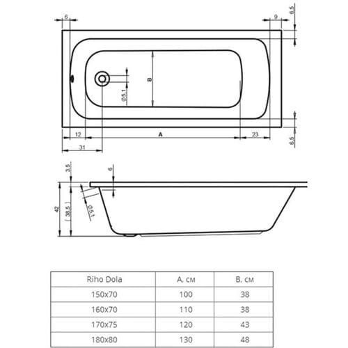 Ванна акриловая Riho Dola (Dona) 170x75 (ножки отдельно)