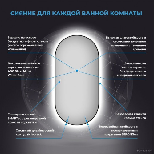 Зеркало Wellsee Зеркало с фоновой LED-подсветкой 7 Rays' Spectrum 172201540, 55 х 100 см (с сенсором и регулировкой яркости освещения)