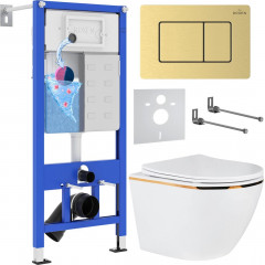 Унитаз подвесной Roxen Antares Gold в комплекте с инсталляцией StounFix Dual Fresh 6 в 1 968460 (кнопка: брашированное золото)