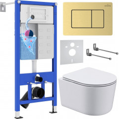 Унитаз подвесной Roxen Simple compact в комплекте с инсталляцией StounFix Dual Fresh 6 в 1 968480 (кнопка: брашированное золото)