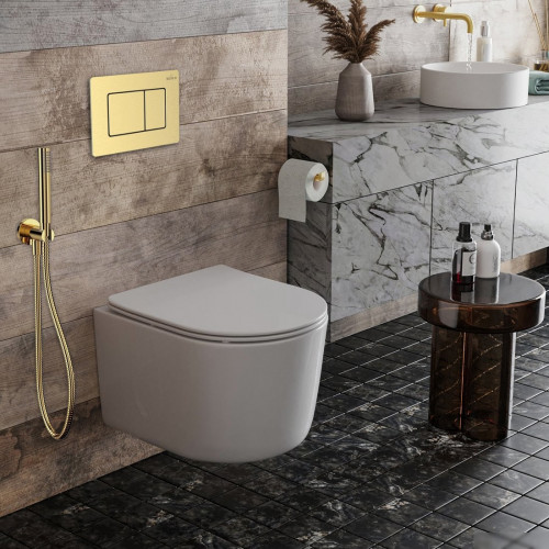 Унитаз подвесной Roxen Simple compact в комплекте с инсталляцией StounFix Dual Fresh 6 в 1 968480 (кнопка: брашированное золото)