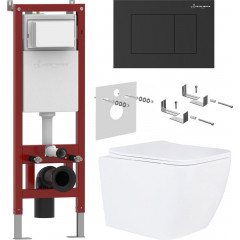 Унитаз подвесной Roxen Cube в комплекте с инсталляцией Asten Readle Zentralmodul AR0601-135B с черной матовой кнопкой