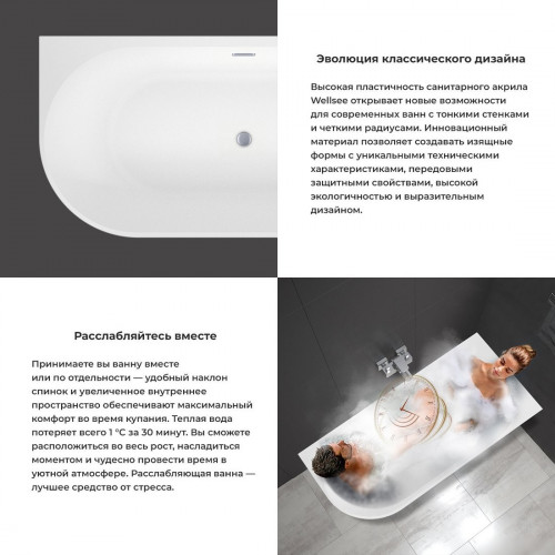 Ванна Wellsee Excellence Pro 170x75 28761104R (пристенная ванна (правая) белый глянец, экран, ножки, сифон-автомат золото)
