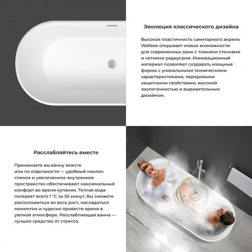 Ванна Wellsee Shell 180x80 28170404R (отдельностоящая ванна белый глянец, экран, ножки, сифон-автомат золото)