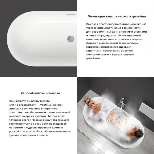 Ванна Wellsee Chic Riviera 179x85 23680602R (отдельностоящая ванна с подсветкой белый глянец, экран, ножки, сифон-автомат глянцевый белый)