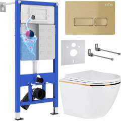 Унитаз подвесной Roxen Antares Gold 968096 в комплекте с инсталляцией StounFix Dual Fresh 6 в 1 968096 (кнопка: брашированное золото)