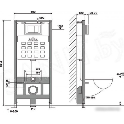 Унитаз подвесной Roxen Antares 530185-02 в комплекте с инсталляцией StounFix Slim 6 в 1 966628 (кнопка: бежевый)