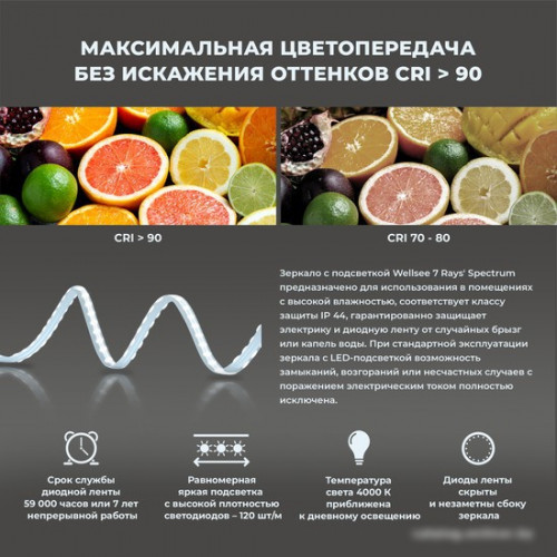 Wellsee Зеркало с фоновой LED-подсветкой 7 Rays' Spectrum 172200370, 70 х 70 см (с сенсором и регулировкой яркости освещения)