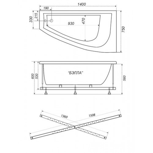 Ванна Triton Бэлла 140x76L (с каркасом, сифоном, экраном и торцевым экраном)