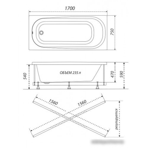 Ванна Triton Дина 170x75 (с каркасом, сифоном, экраном)