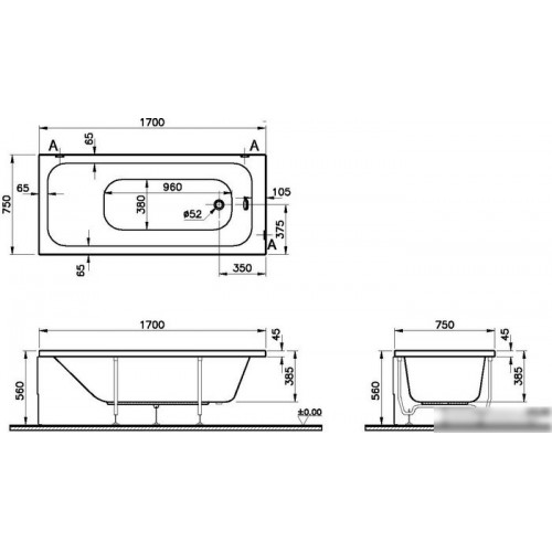 Ванна Vitra Optimum Neo 170x70 64530001000+59996453000 (с ножками)